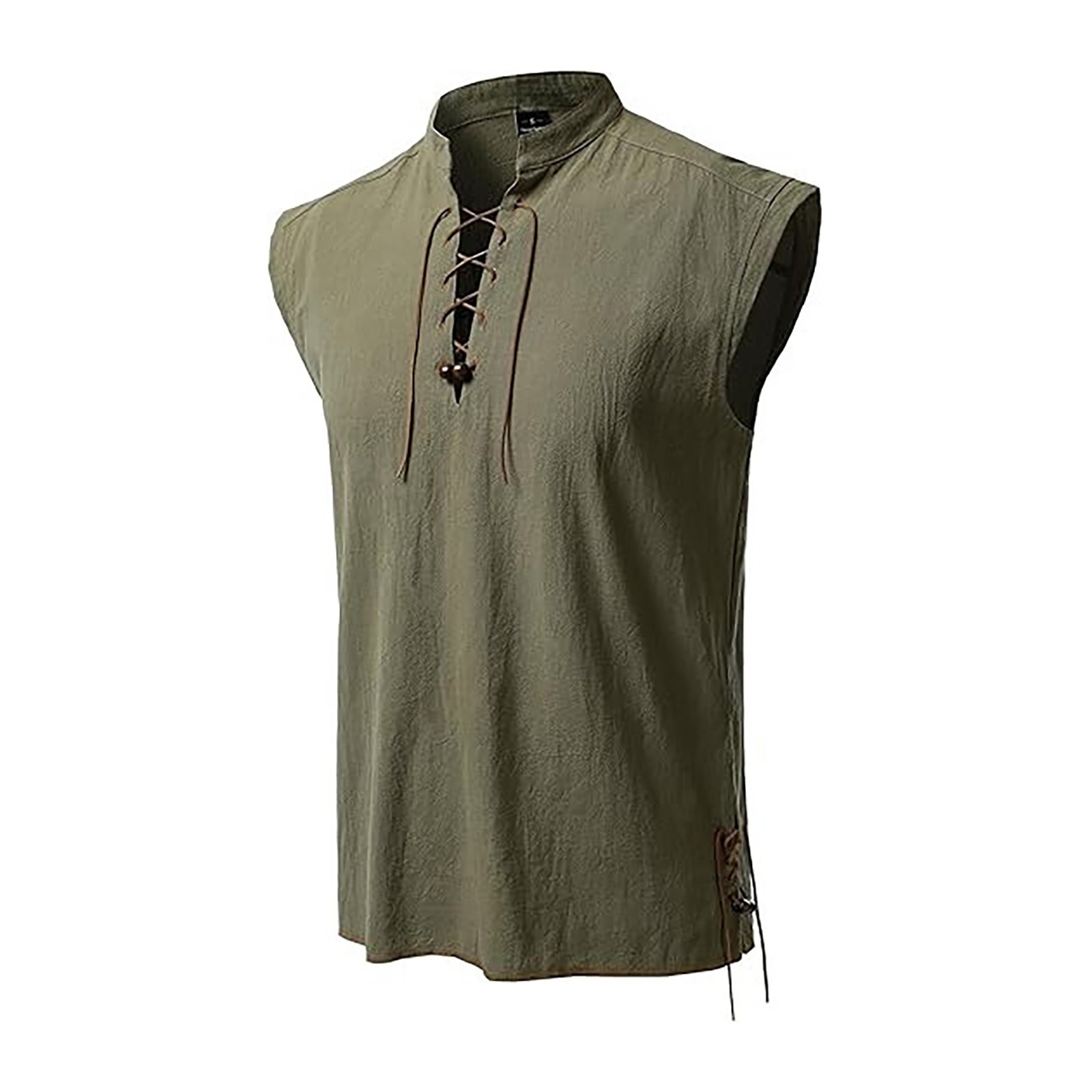 thumbnail image 2 of 2025 Camisa hippie de playa sin mangas para hombre - Mezcla de lino, cuello alto, ligera - Boho veraniego, S-XXL, 2 of 5